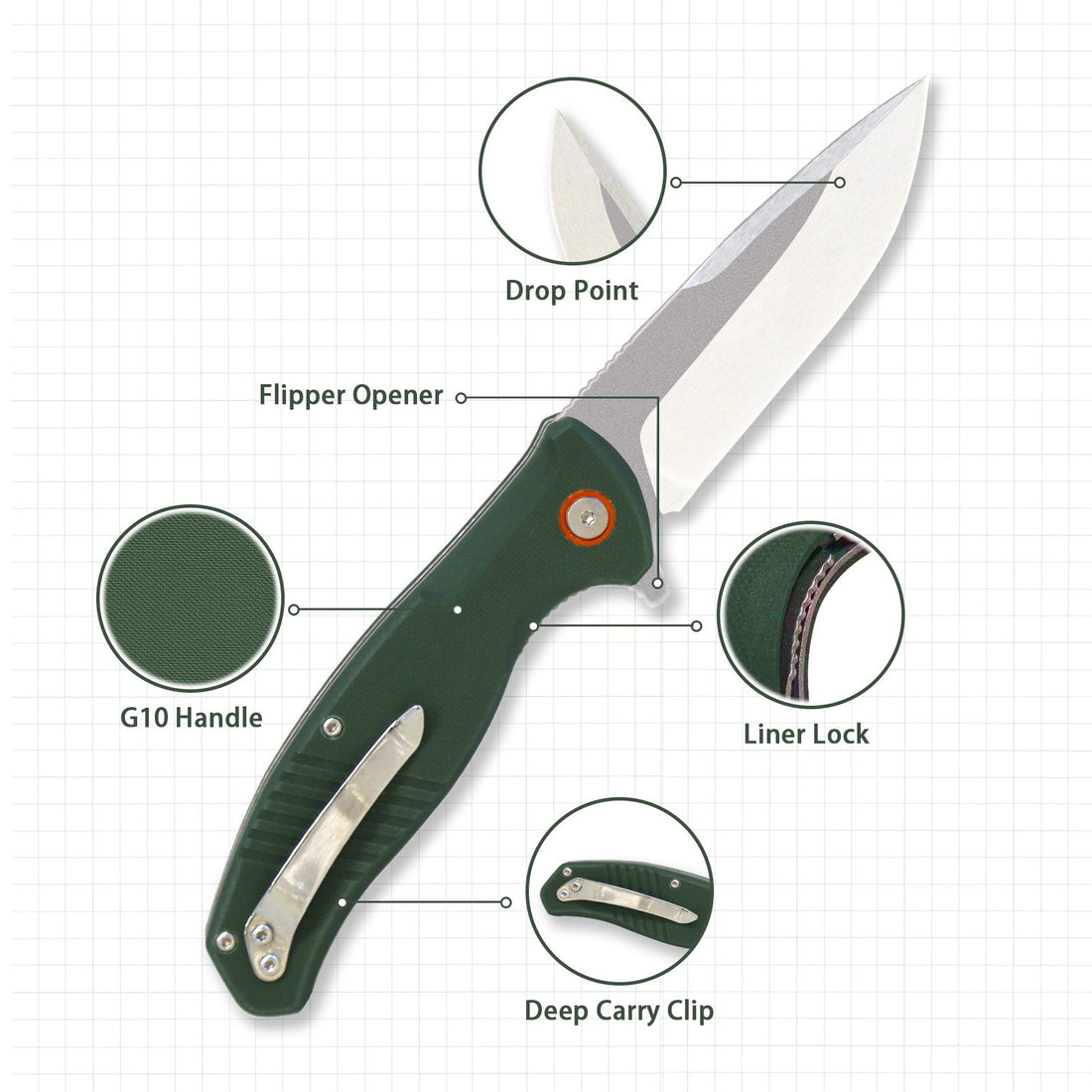G10 Dark Green  Handle Outdoor Tactical Folding Knife